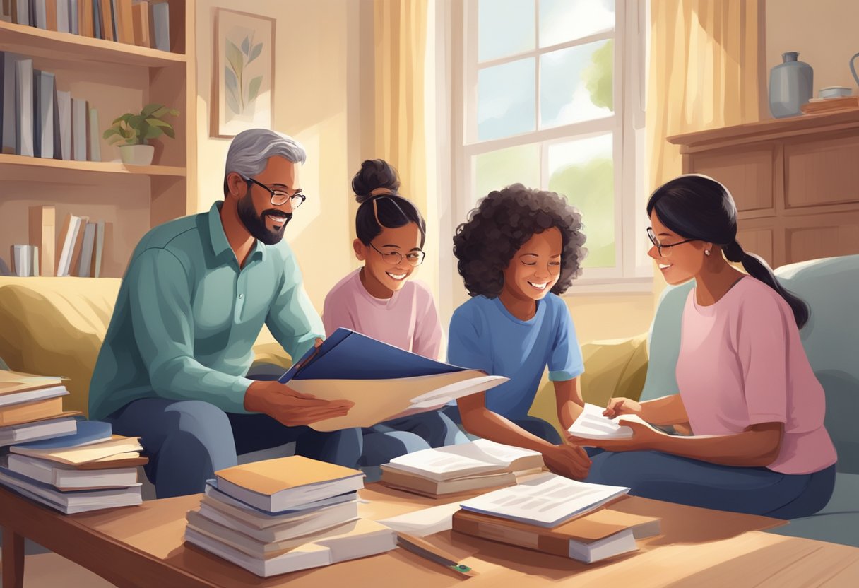 A family receiving assistance and education materials from the government in their home