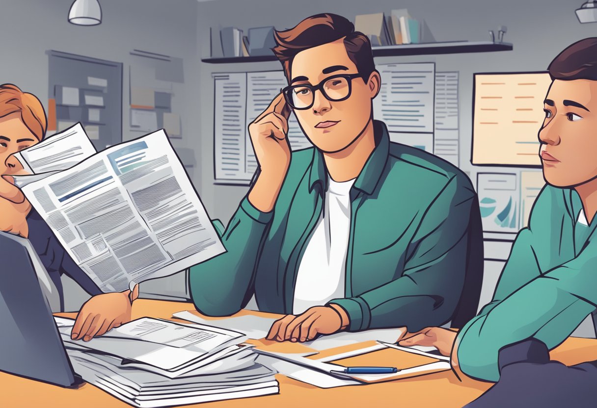 A person receiving advice on debt management, surrounded by government program information and resources