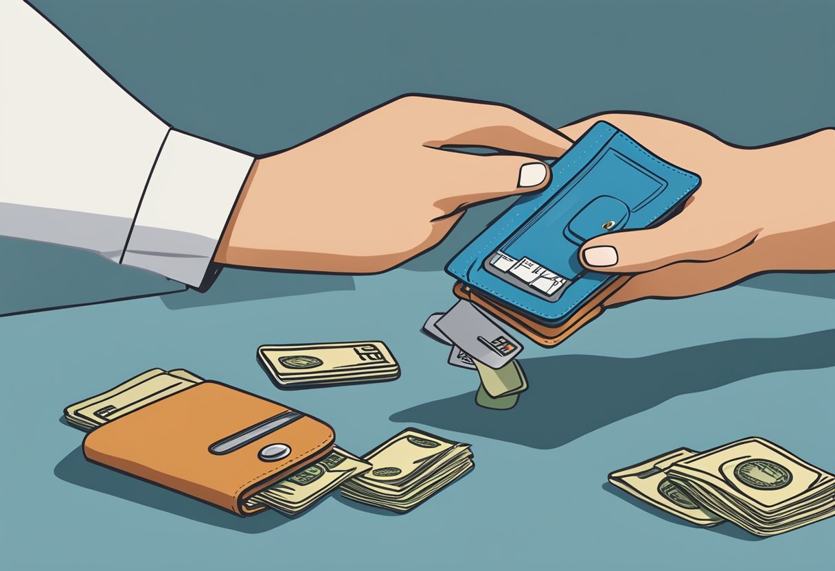 A person's wallet being emptied by a large hand representing debt collectors, while a credit card is being confiscated