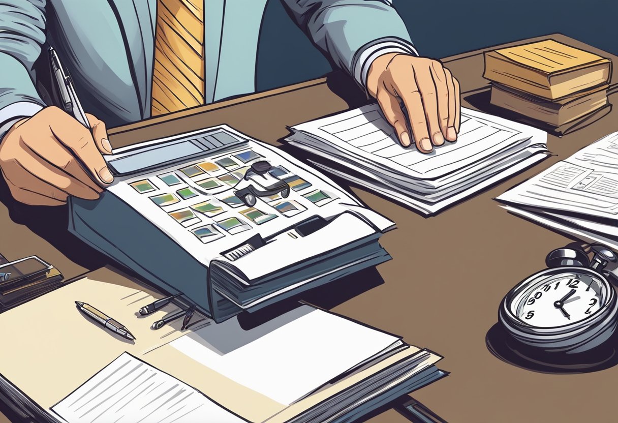 A lawyer reviewing a calendar, with a stack of legal documents and a clock on the desk, indicating the passage of time for a lawsuit deadline