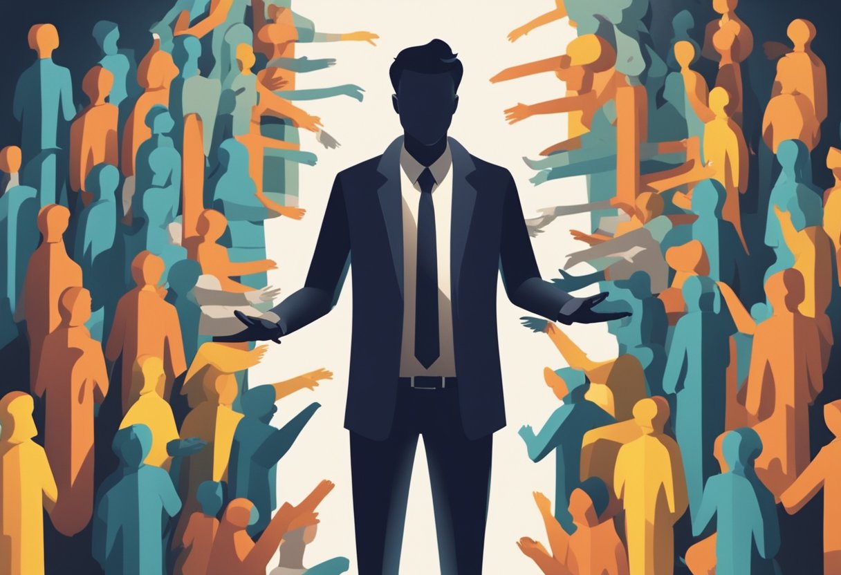 A person standing with a puzzled expression, surrounded by looming, shadowy figures pointing accusatory fingers