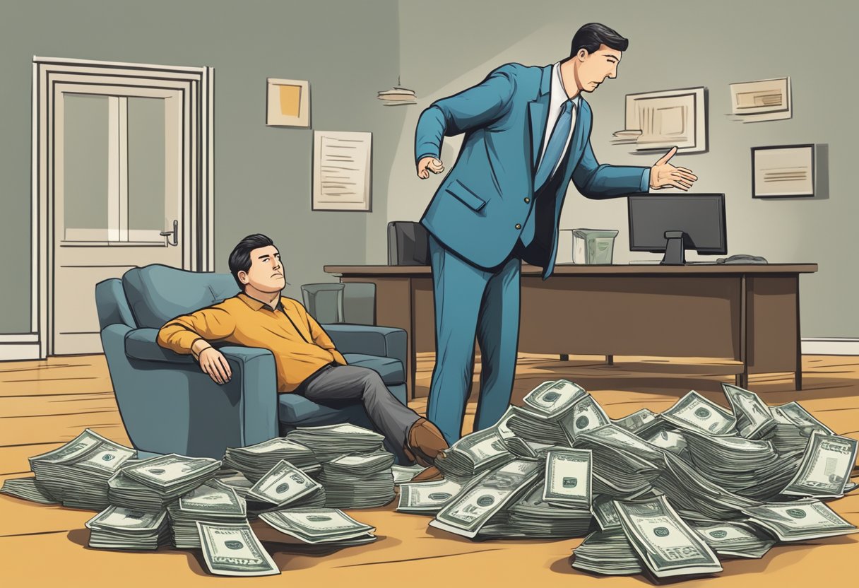 A person is being pressured by a creditor to pay off a debt. The creditor is shown in a dominant position, while the debtor appears overwhelmed and distressed