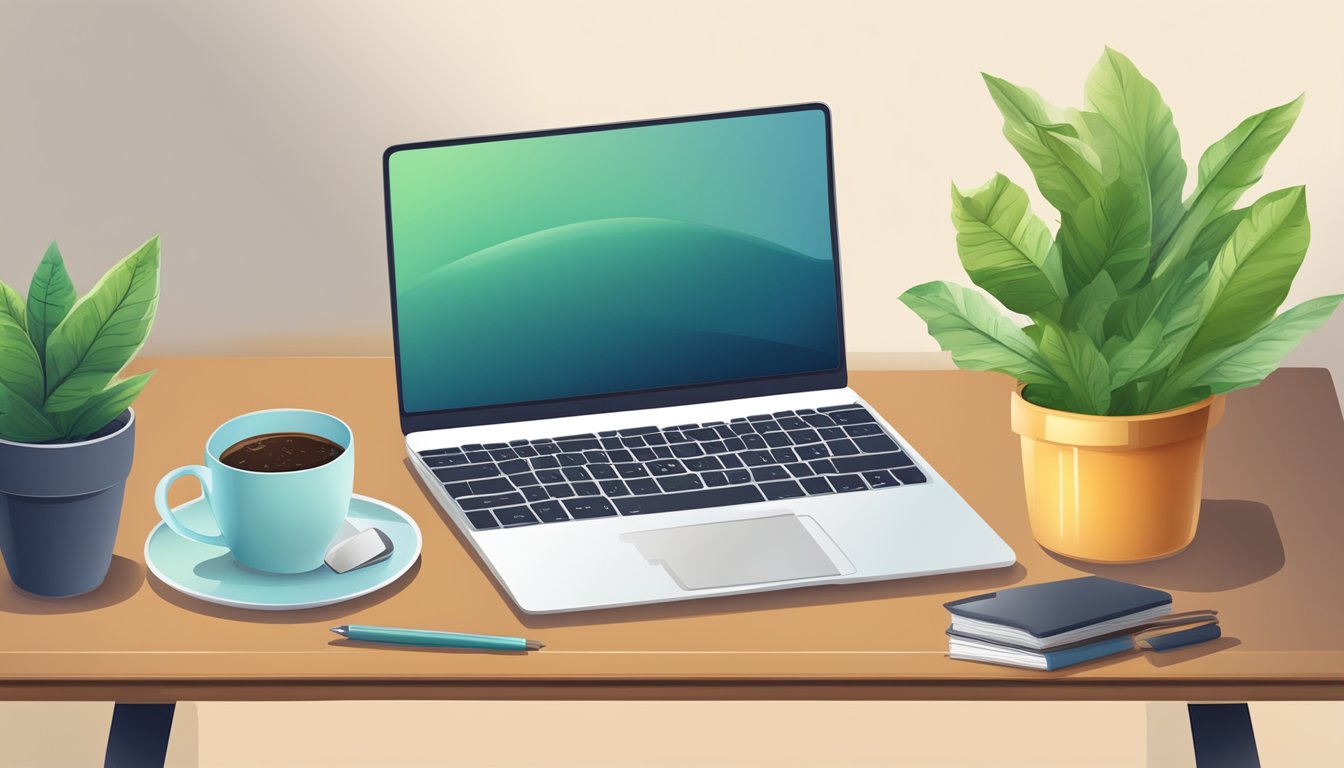 A desk with a laptop, notebook, and pen. A calendar on the wall. A cup of coffee and potted plant on the desk