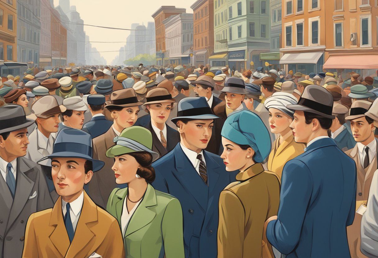 A crowded city street with men and women wearing fedoras, berets, pillbox hats, and turbans. Buildings and cars reflect the fashion of the 1940s