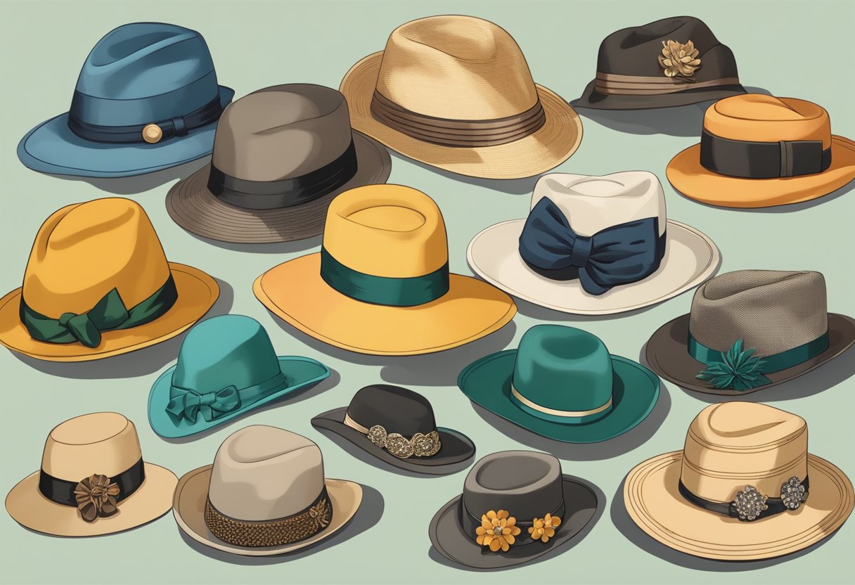 A display of 1940s hat designs showcasing popular adornments and color trends. Vintage hats arranged on a table or stand