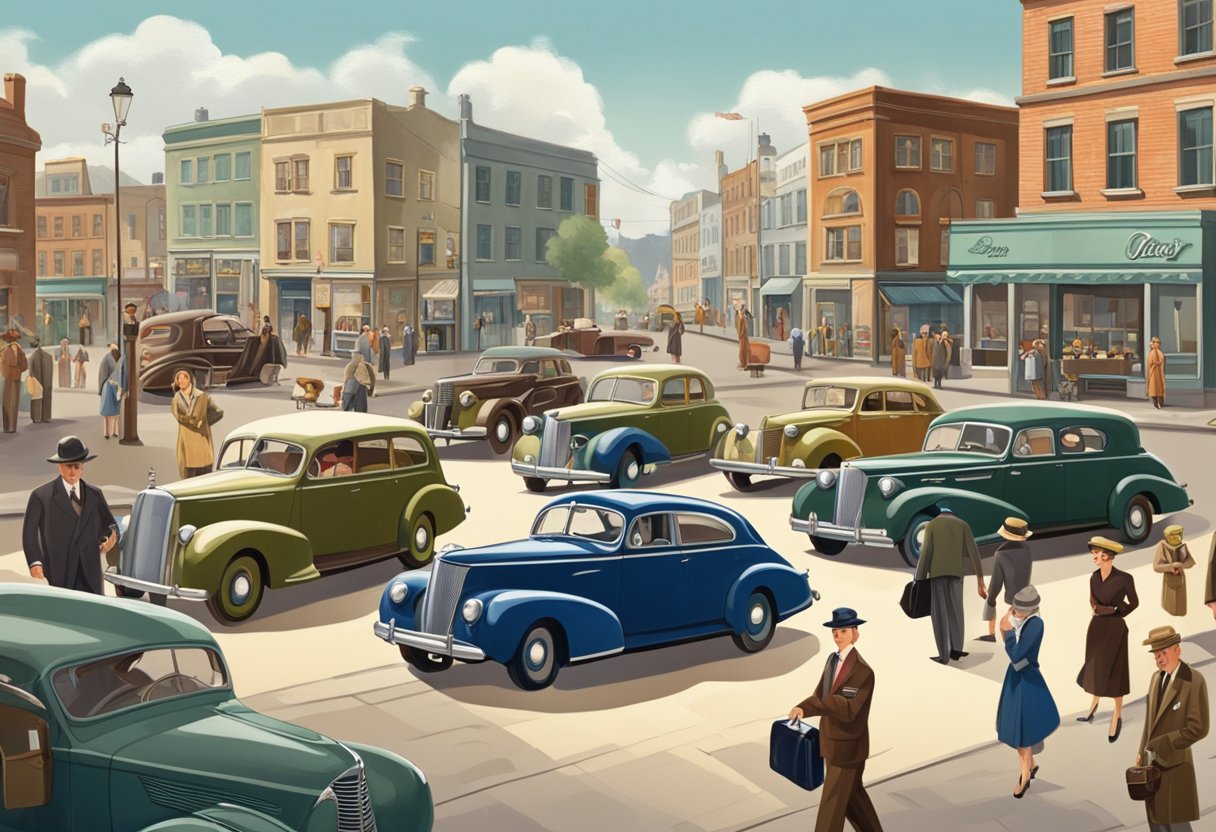 A 1940s scene with people wearing popular hats such as fedoras, berets, and pillbox hats. The background could include vintage cars and buildings to set the era