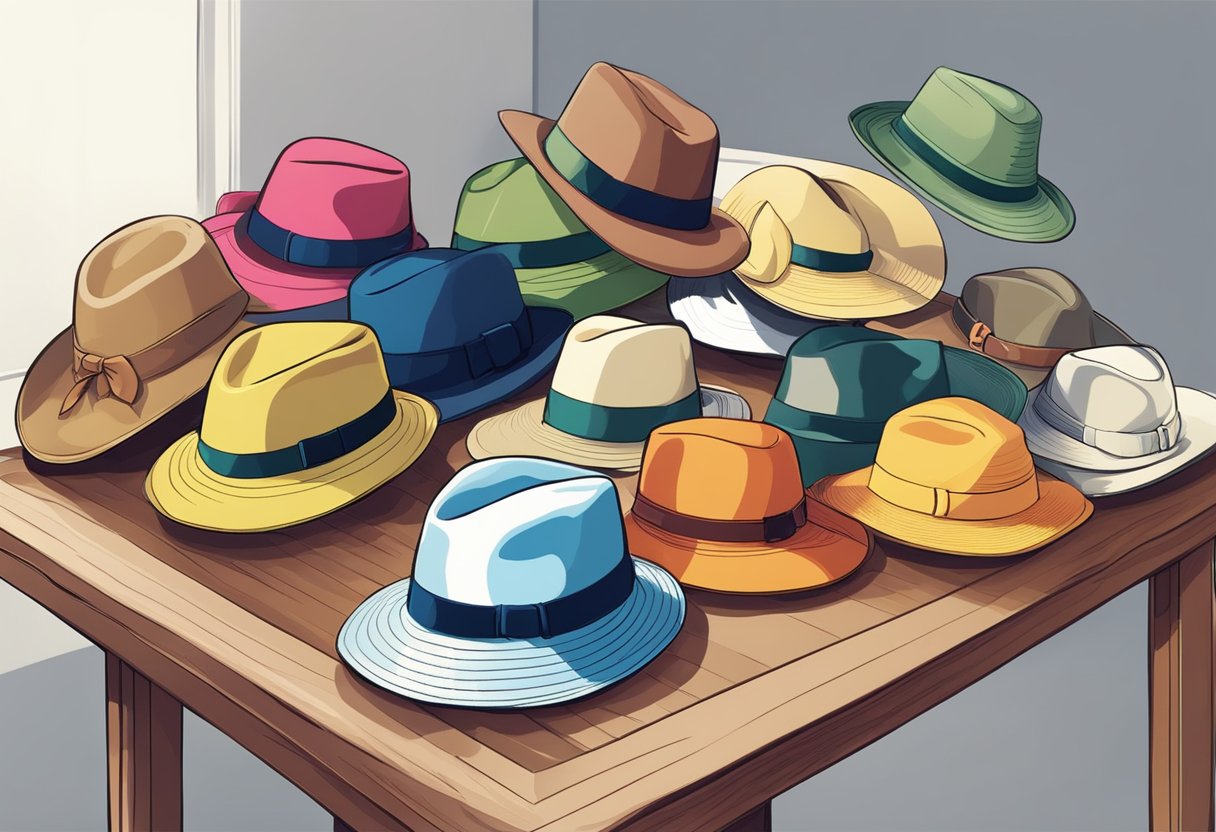 A table with various hats in different styles, colors, and materials. A mirror reflects the hats, allowing the viewer to see how they look