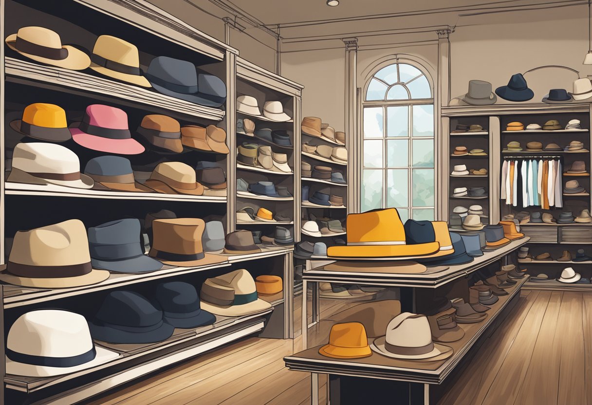 A variety of hats displayed on shelves and mannequins in a well-lit boutique setting