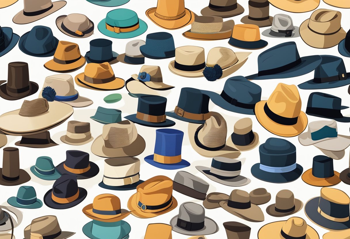 A variety of hats displayed on a table or shelf, with different styles, colors, and sizes to suit different preferences and face shapes