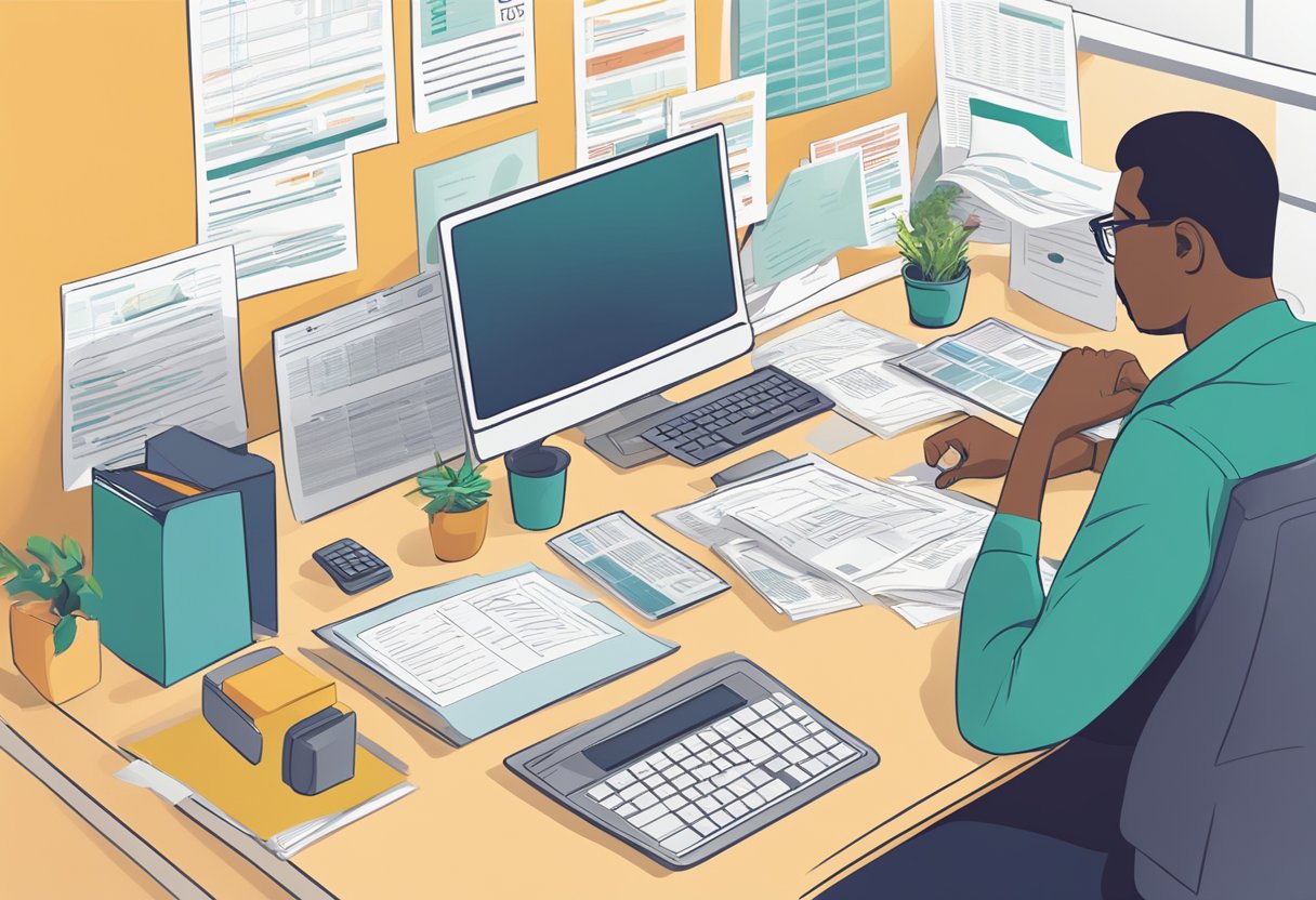 A person at a desk, looking at a computer screen with various credit reports and financial documents spread out in front of them