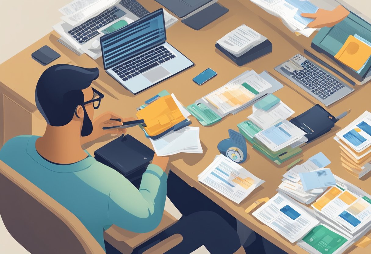 A person sitting at a desk, surrounded by credit card statements and loan documents. They are looking at a computer screen, searching for information on how to check for outstanding debts in the USA