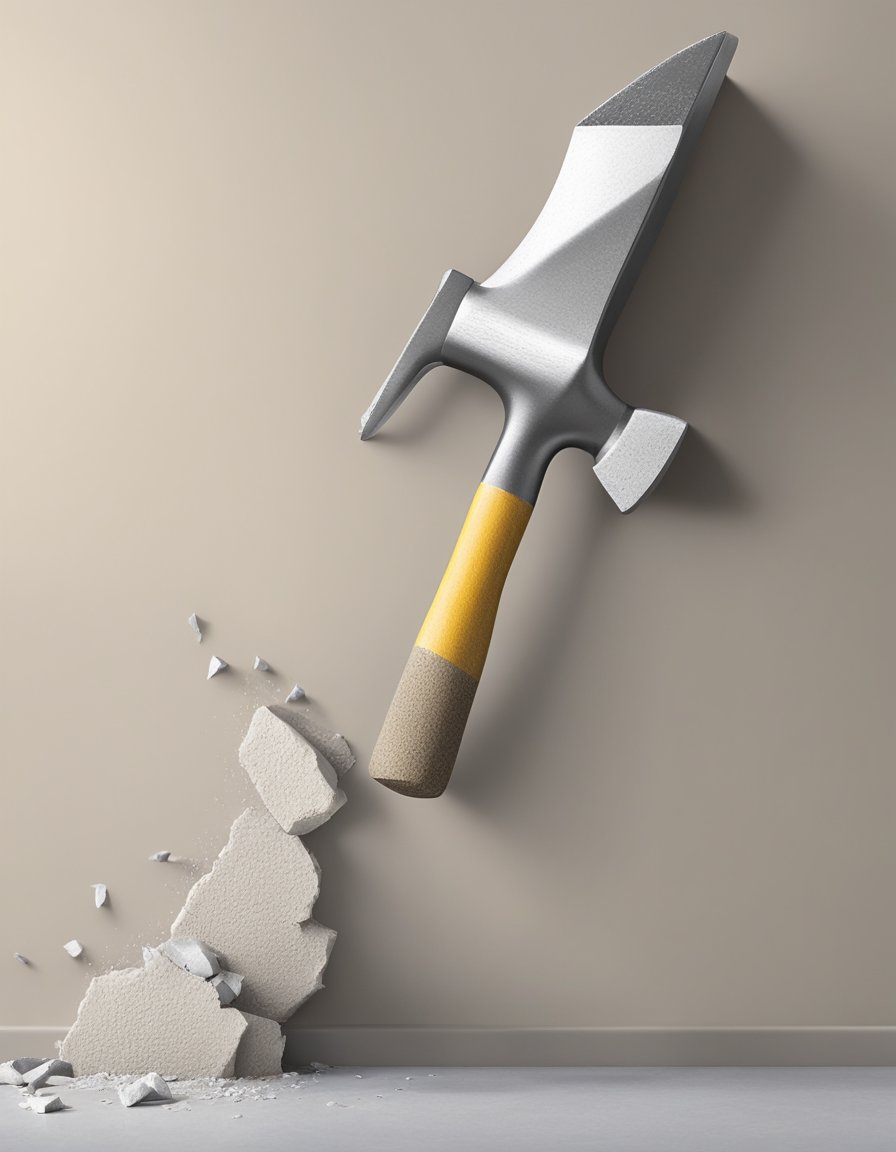 A hammer strikes a plaster wall, causing cracks to form. Meanwhile, a similar impact on drywall leaves it intact. Both materials sit side by side for comparison