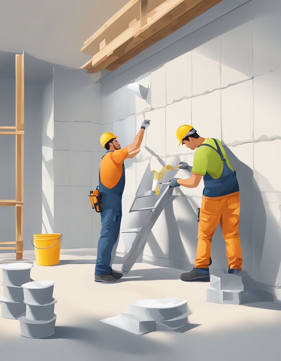 A construction worker installs plaster on a wall,  Tools and materials for the process is visible