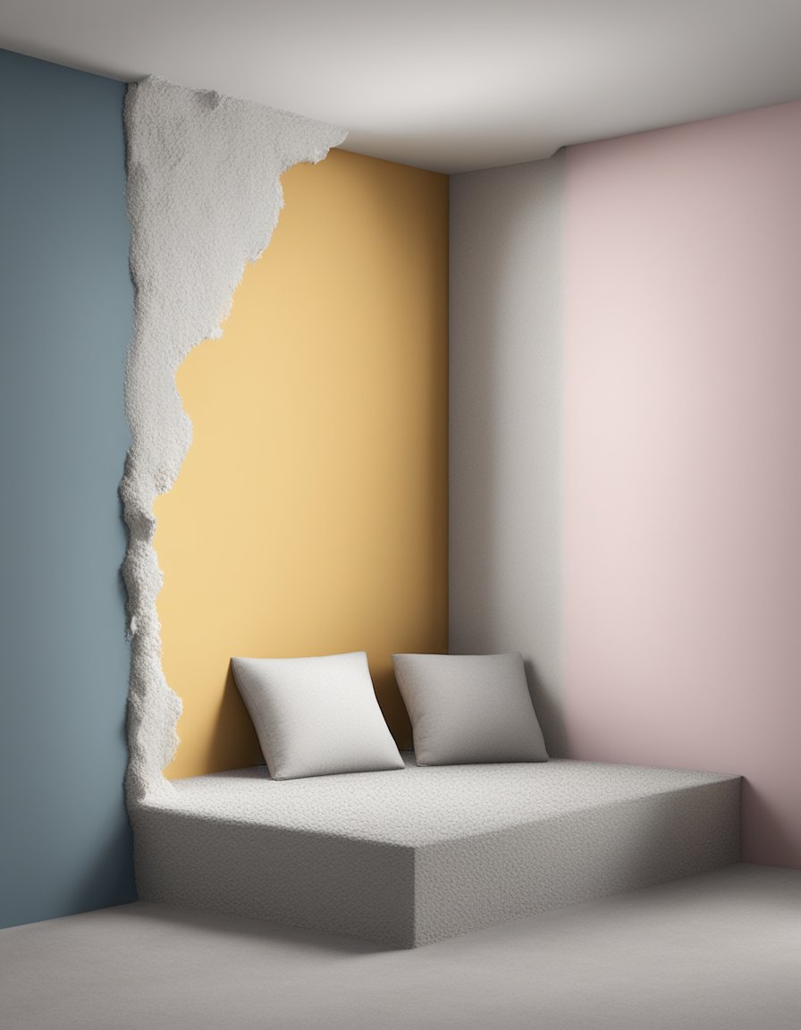 A room with a wall half covered in plaster and the other half in drywall, showcasing the contrast in texture and finish