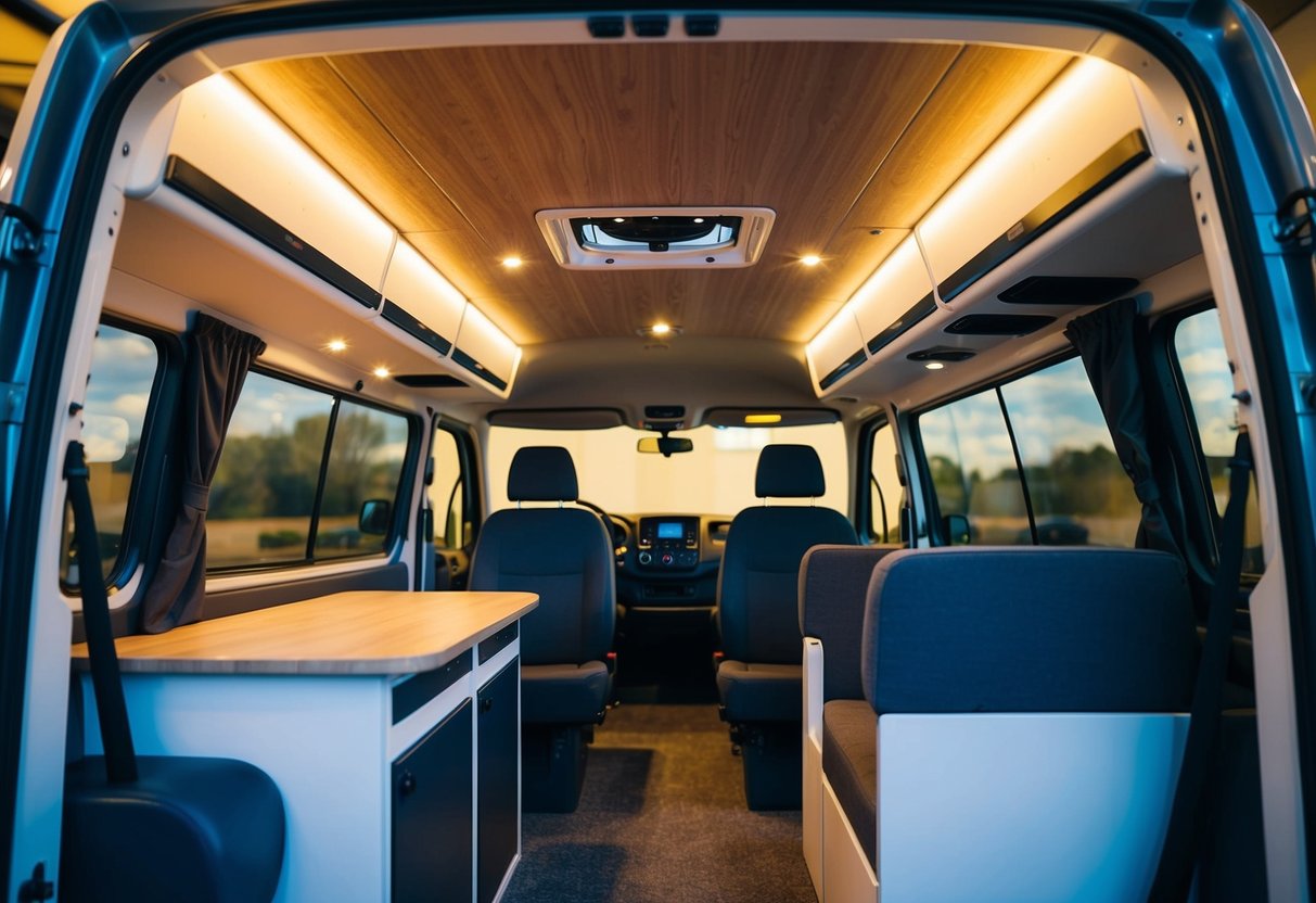 Ein Wohnmobil-Interieur mit LED-Streifen, die für verschiedene Lichteffekte verwendet werden, beispielsweise unter Schränken, entlang der Decke und rund um den Sitzbereich