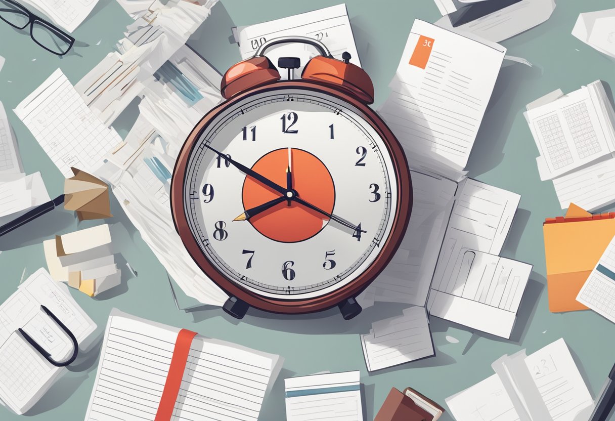 A calendar with a red circle around a date, a clock ticking, and a pile of documents with dates on them