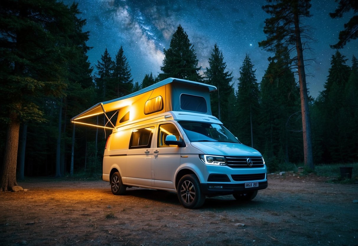 Ein Wohnmobil, das auf einer abgelegenen Waldlichtung geparkt ist und dessen Außenseite von solarbetriebenen Lichtern beleuchtet wird. Der Van ist von hohen Bäumen umgeben und über ihm liegt ein sternenklarer Nachthimmel