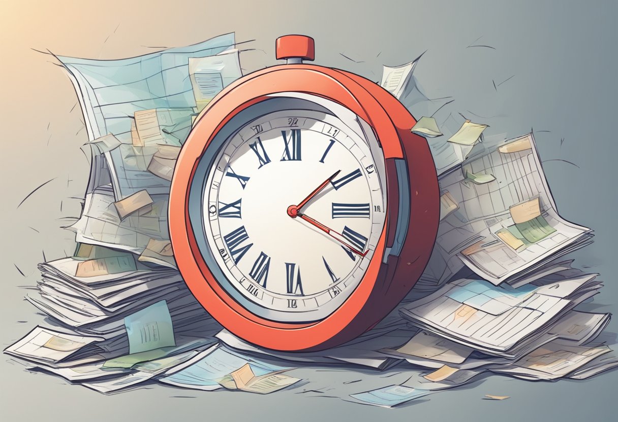 A calendar with a red circle around a past date. A pile of unpaid bills with cobwebs. A clock showing the passage of time