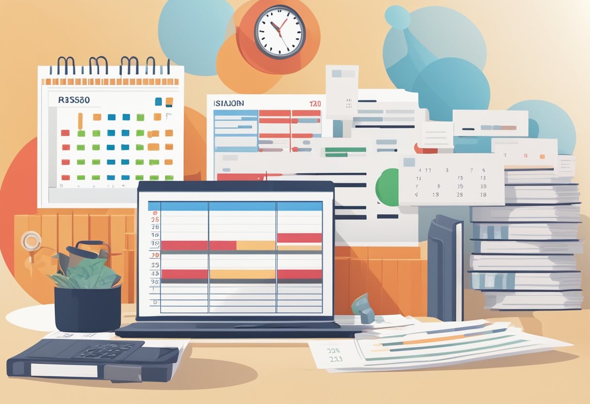 A calendar with a date circled in red, surrounded by stacks of bills and a clock showing the passage of time