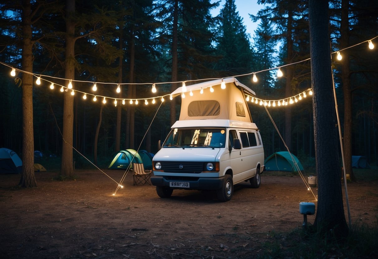 Ein auf einer Waldlichtung geparktes Wohnmobil, das von 15 verschiedenen Campinglampen beleuchtet wird. Die Lichter werden am Lieferwagen, an Bäumen und an Pfählen im Boden aufgehängt