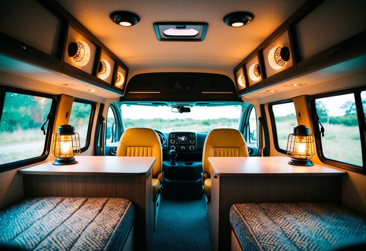 Ein Wohnmobil-Interieur mit 15 verschiedenen Arten dekorativer und funktionaler Beleuchtungskörper, die eine gemütliche und einladende Atmosphäre schaffen