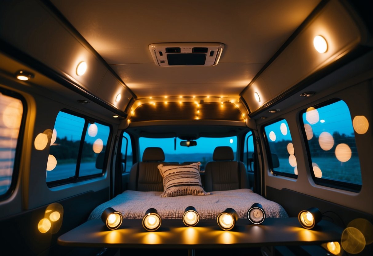 Ein Wohnmobil-Innenraum mit 15 Mini-LED-Projektoren, die verschiedene Bereiche beleuchten und so eine gemütliche und stimmungsvolle Atmosphäre schaffen