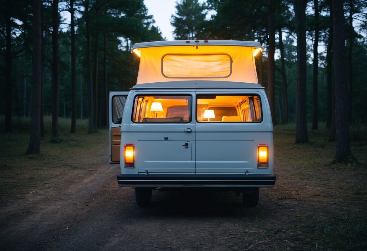 Ein Wohnmobil, das auf einer abgelegenen Waldlichtung geparkt ist und von dessen Innenraum warmes, sanftes Licht ausgeht. Die Lichter werfen einen gemütlichen Schein durch die Fenster und schaffen eine einladende und einladende Atmosphäre