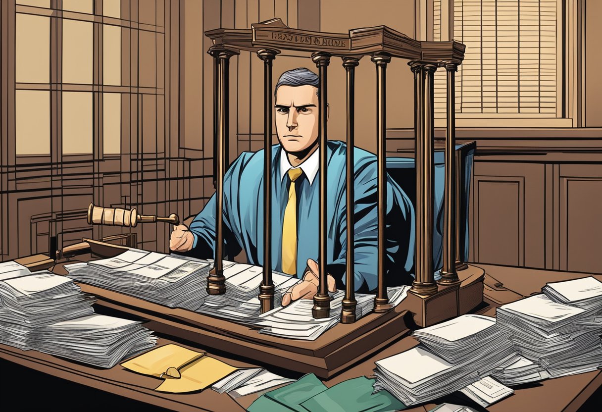 A person behind bars with a pile of unpaid bills and a gavel on a judge's desk