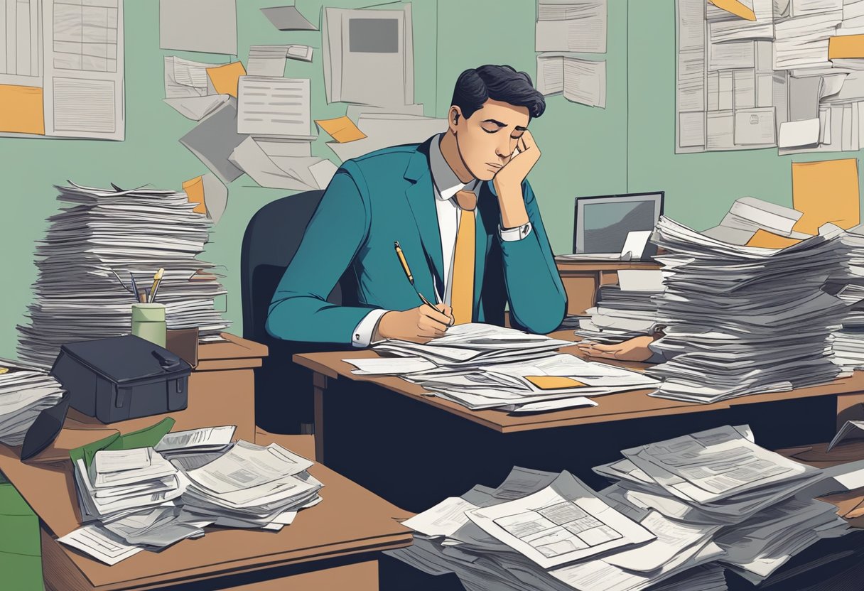 A person sitting at a cluttered desk, surrounded by bills and legal documents. They have a worried expression as they try to figure out how to manage their debts and avoid legal trouble