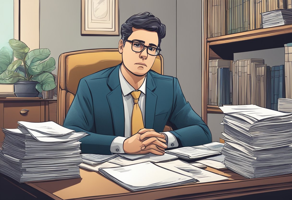 A person sitting at a desk surrounded by legal documents and a computer, looking worried and stressed. A lawyer or legal assistant is speaking to them, offering assistance
