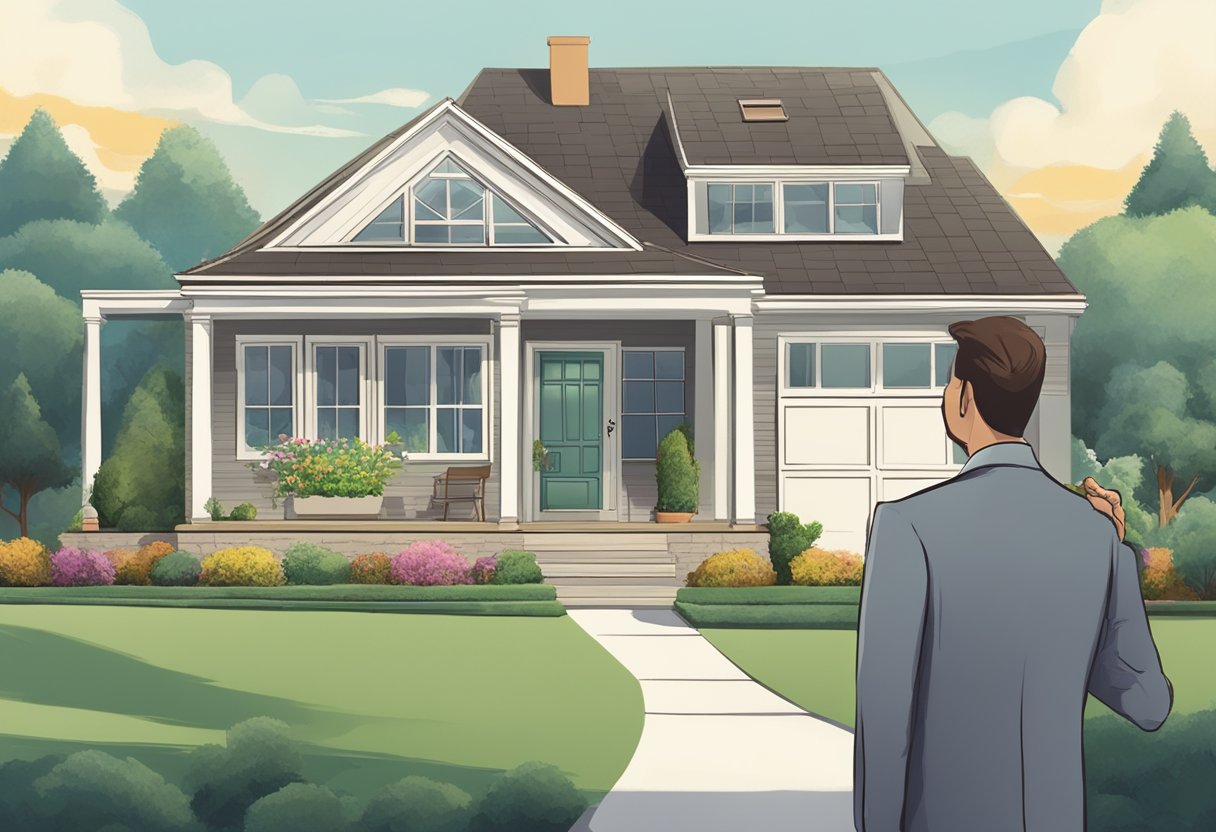 A house being exchanged for cash, with a handshake between the buyer and seller. The house is depicted with a "For Sale" sign in the front yard