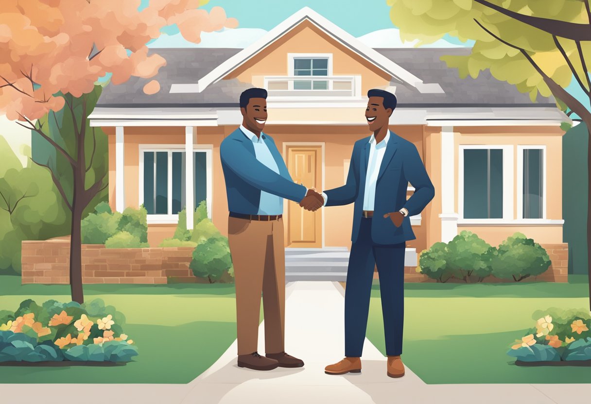 A house with a "For Sale" sign in the front yard, a smiling real estate agent shaking hands with a buyer, and a stack of cash exchanging hands