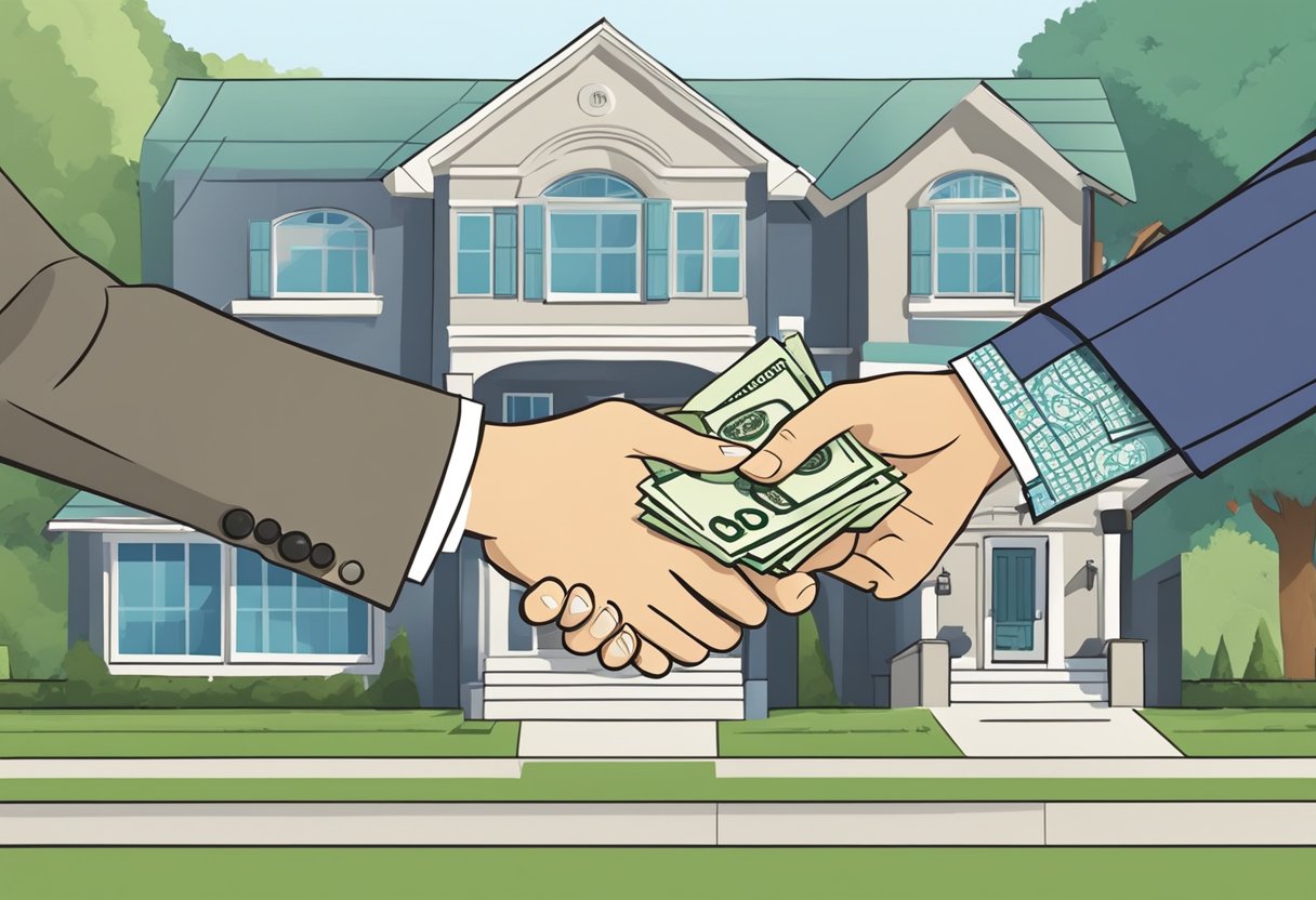 A real estate agent and a potential buyer shake hands in front of a sold sign outside a house. The agent holds a set of keys, while the buyer counts out a stack of cash