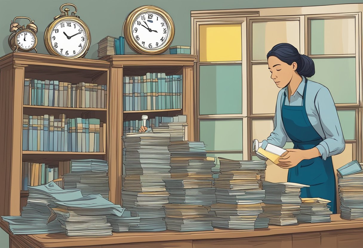 A person disputing credit errors and cleaning their history, surrounded by a clock showing time passing