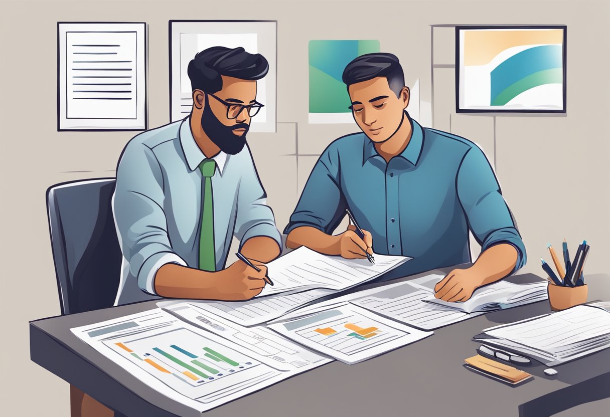 A person reviewing financial documents and credit reports, making notes and creating a plan to improve their credit score