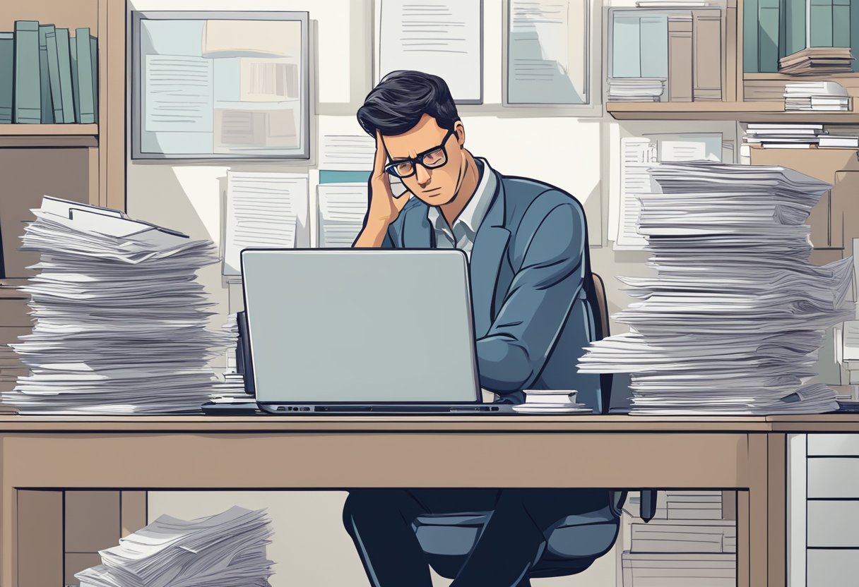 A person sitting at a desk, surrounded by paperwork and a computer, looking frustrated while trying to resolve a bankruptcy dispute and remove it from their credit report