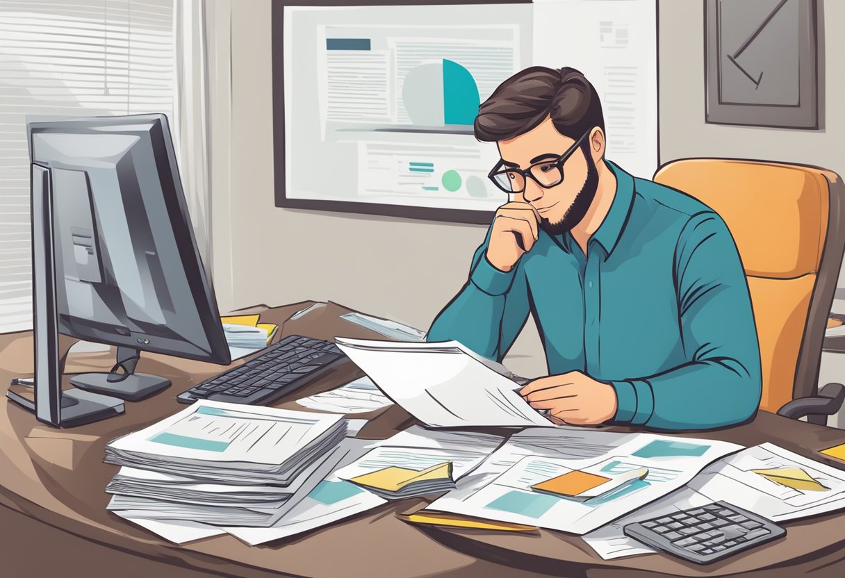 A person reviewing a credit report with a bankruptcy mark, surrounded by financial documents and a computer, researching strategies for credit repair post-bankruptcy