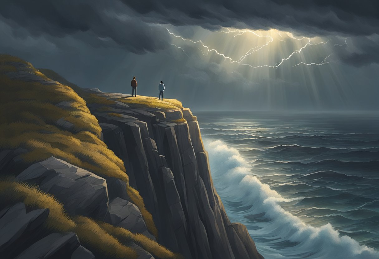 A person standing on the edge of a cliff, looking out at a stormy sea below. Dark clouds loom overhead, but a small ray of sunlight breaks through, offering a glimmer of hope