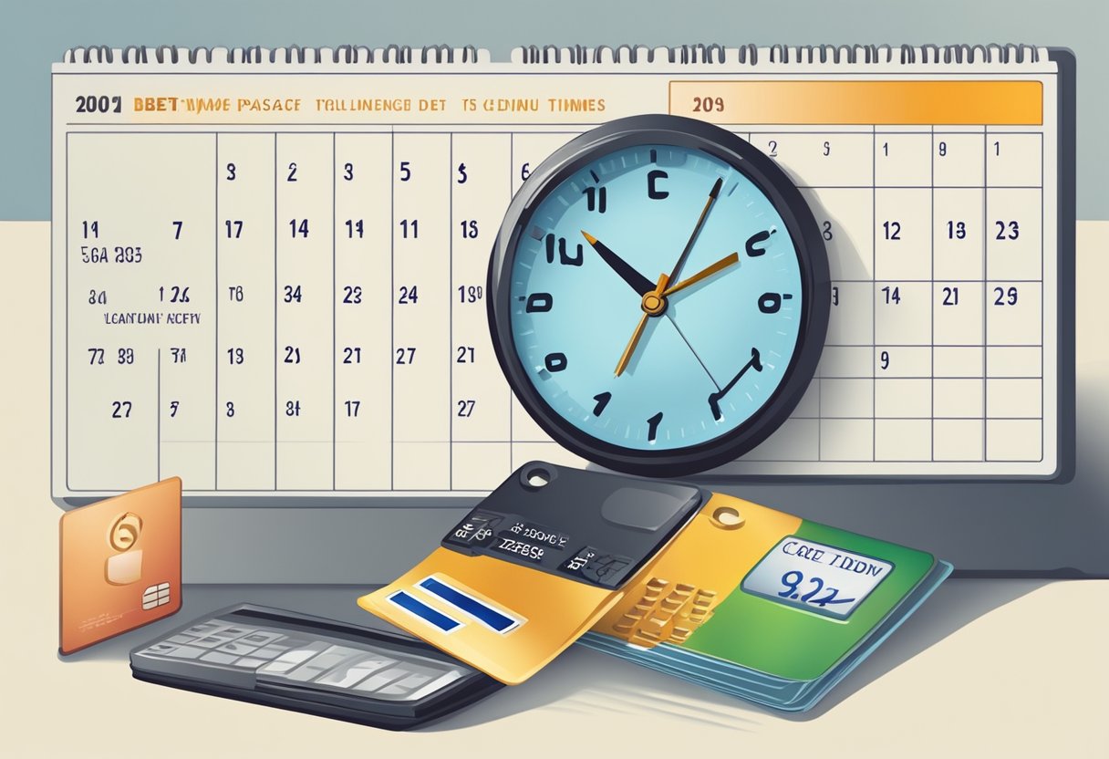 A calendar with a credit card and a clock, showing the passage of time and the expiration of debt