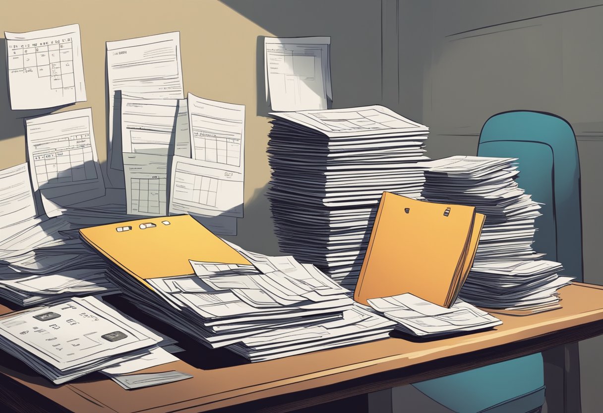 A stack of unpaid credit card bills grows taller on a cluttered desk. A calendar on the wall shows the passing of time. The shadow of a looming debt hangs over the scene