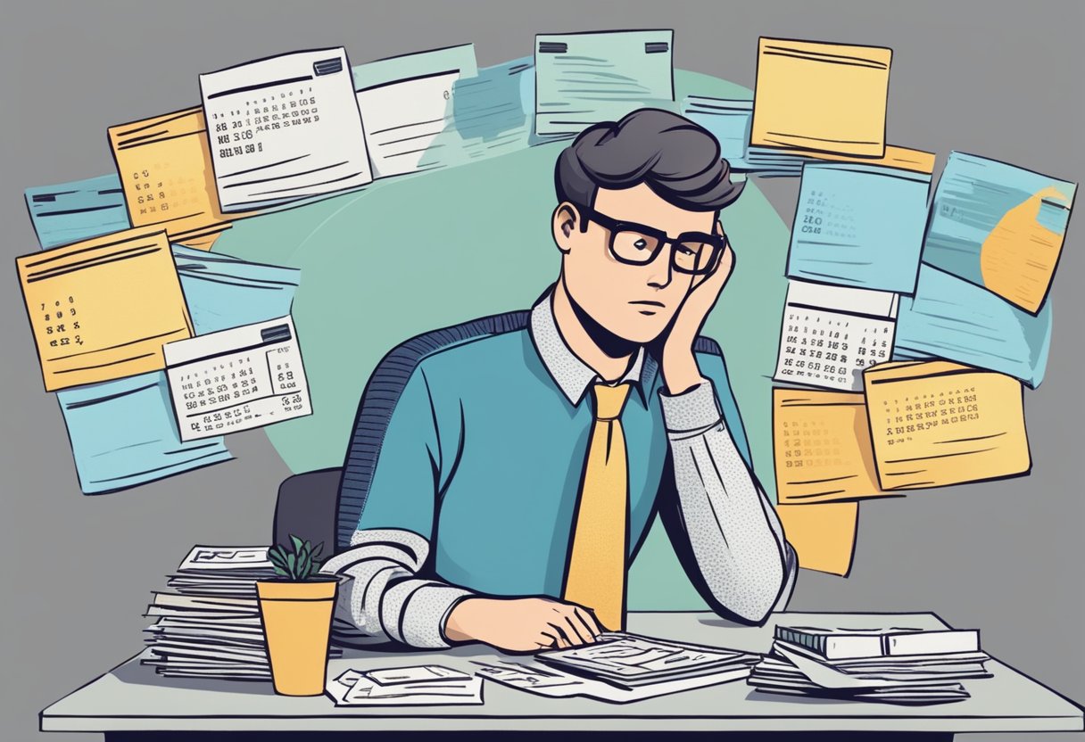 A person standing in front of a calendar, with a credit card and a pile of bills, looking stressed and confused about when their credit card debt will expire