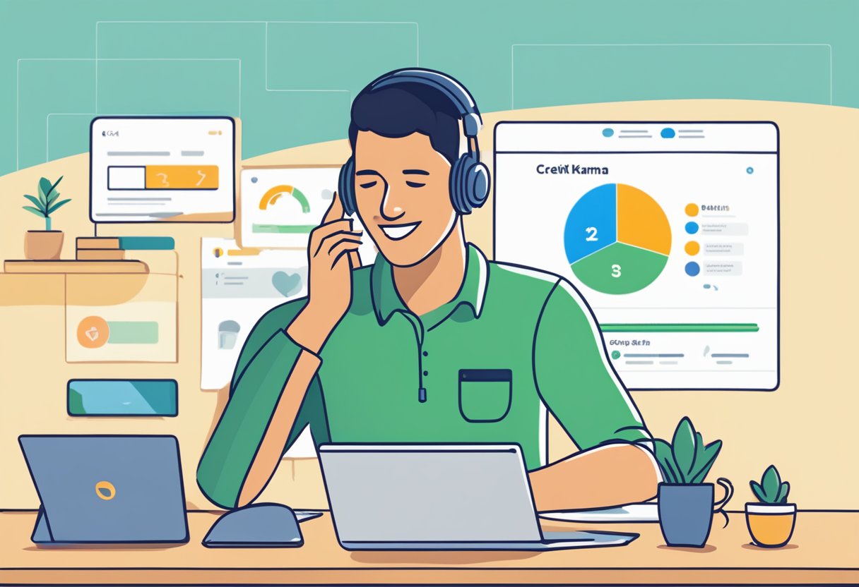 A person using a laptop to visit Credit Karma's website, with a phone nearby displaying the Spanish language option