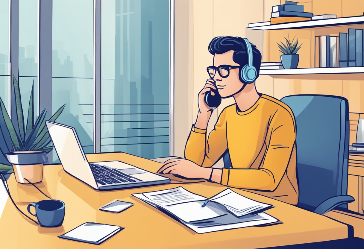 A person sitting at a desk with a laptop and paperwork, making a phone call to their bank to inquire about canceling a personal loan