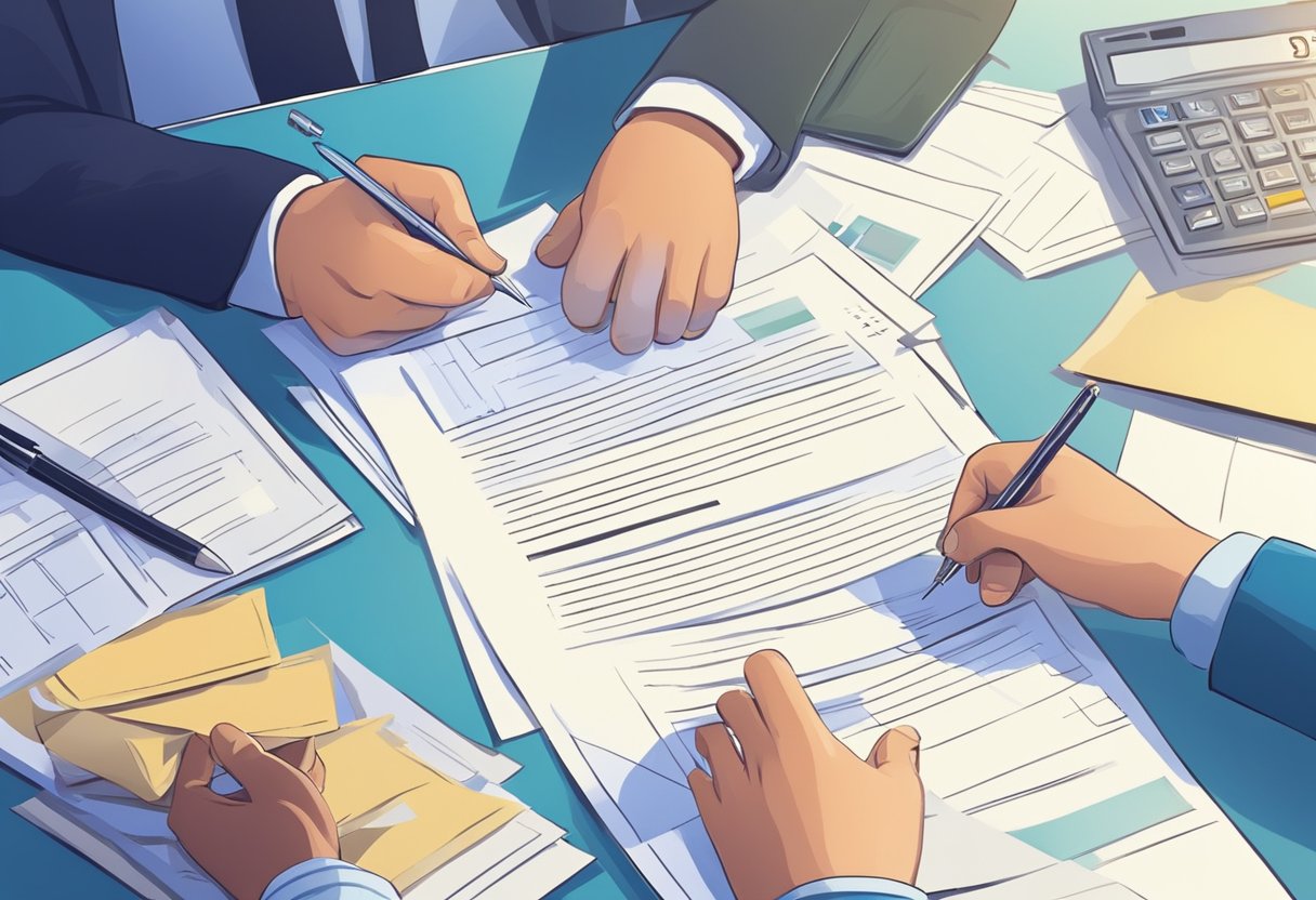 A person submits paperwork and signs documents to cancel a personal loan at a bank or financial institution