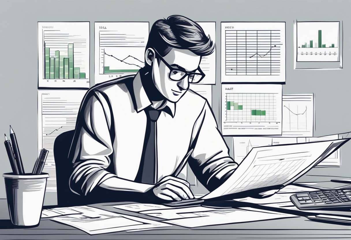 A person at a desk reviewing financial documents, with a calculator and pen. A laptop displaying a loan account. Graphs and charts on the wall