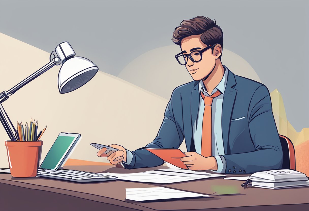 A person at a desk, holding a document with a red "CANCELADO" stamp. A phone and computer are nearby, showing loan information