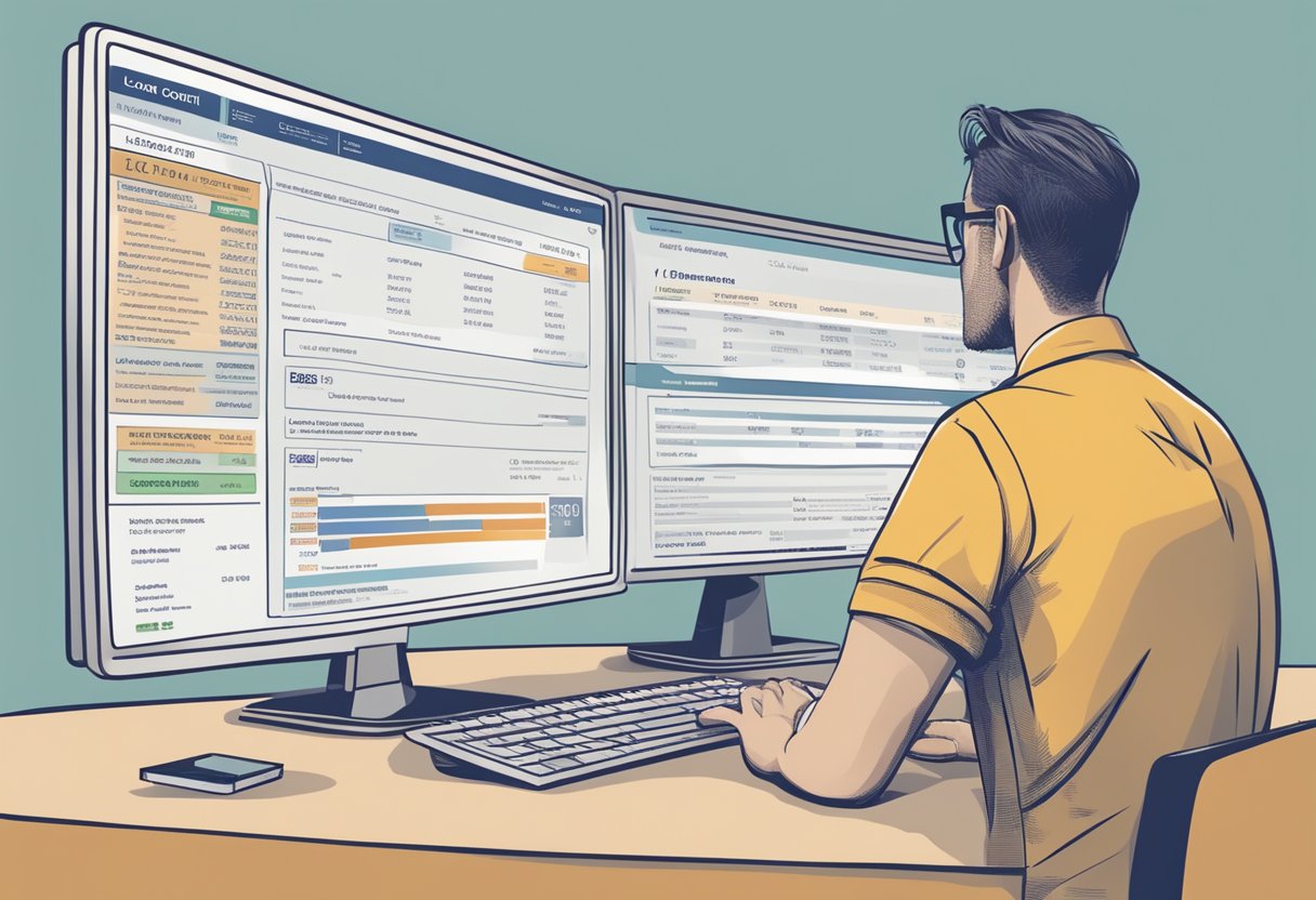 A person with bad credit looks at a computer screen, researching loan options for debt consolidation. The screen displays various loan amounts and terms