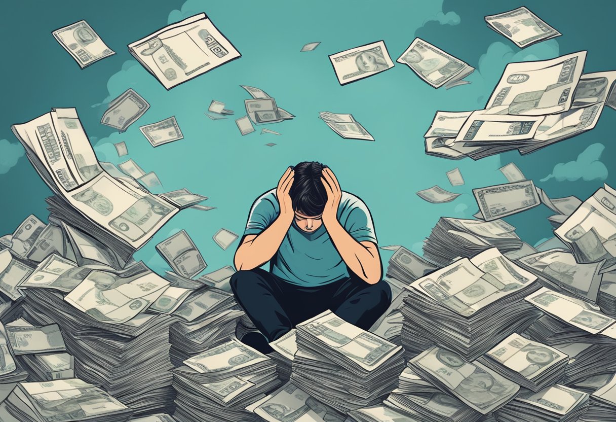 A person with a worried expression looks at a pile of bills and credit card statements. They are holding their head in their hands, surrounded by a cloud of stress and anxiety