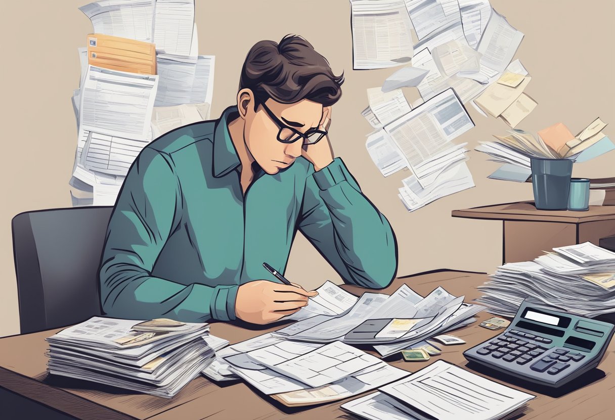 A person with a worried expression looks at a pile of bills and credit card statements, while a calculator and financial documents are spread out on a table