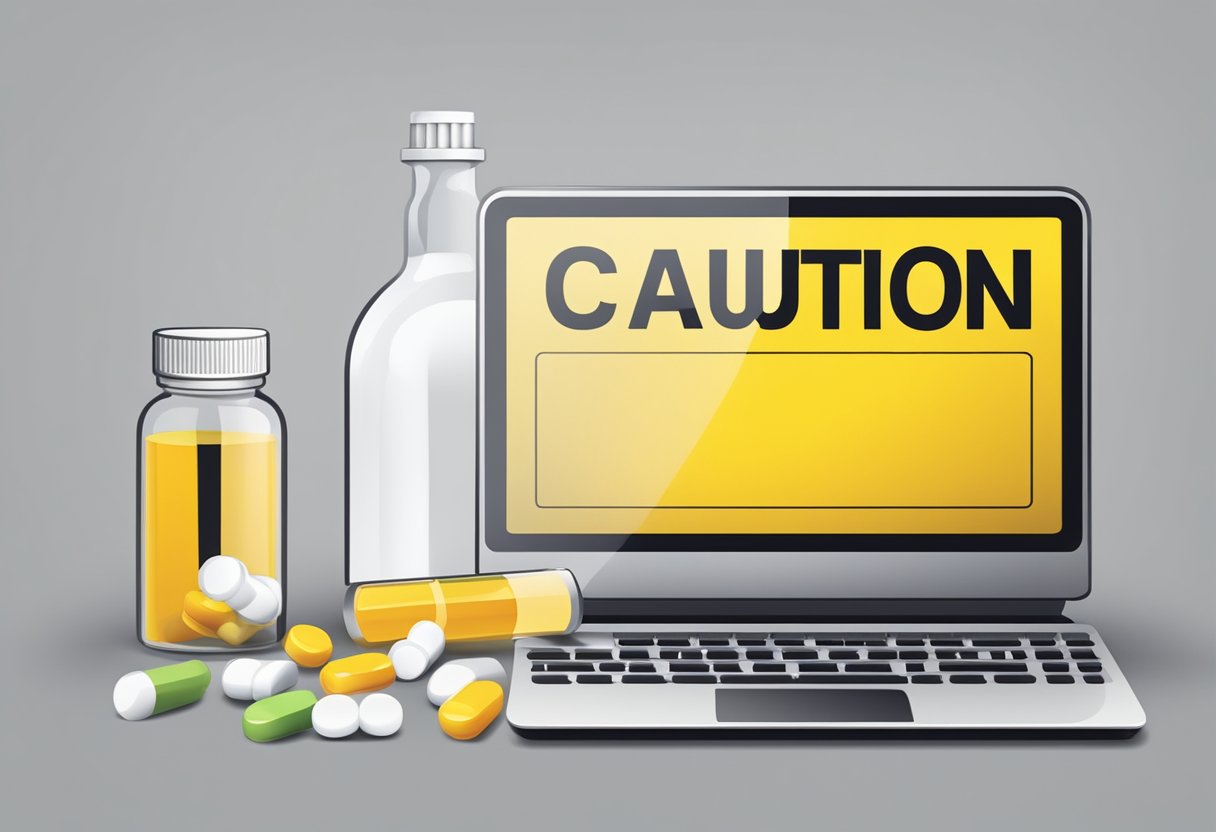 A computer screen with a caution symbol and a bottle of pills